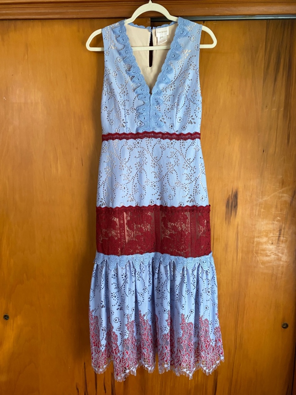 Pale Blue Midi Dress Sleeveless V-Neck Burgundy Lace Boho Western Craft Boho Sun